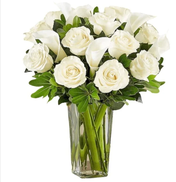 Calla Lily & White Rose Bouquet for Sympathy - Carol Flowers and ...