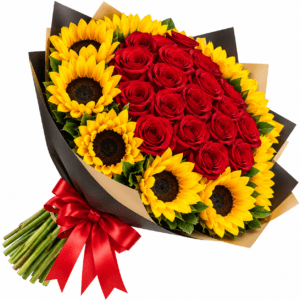 Bouquet Of Roses And Sunflowers